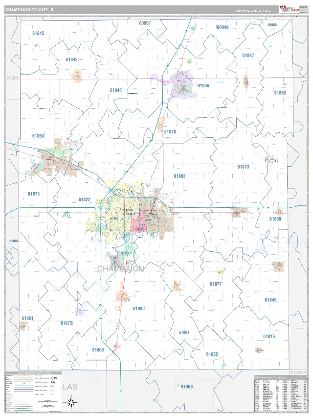 Champaign County, IL ZIP Code Wall Map, Classic style