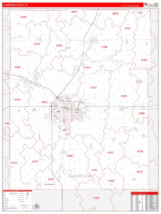 Champaign County, IL RedLine style ZIP Code wall map