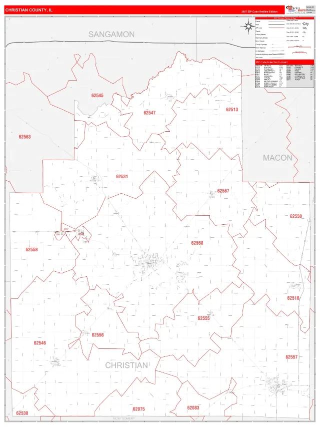 Christian County, IL ZIP Code Wall Map, RedLine style