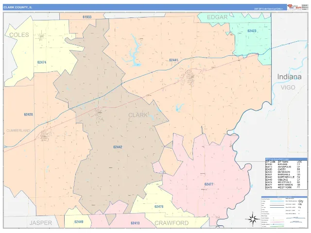 Clark County, IL ZIP Code Wall Map, ColorCast style
