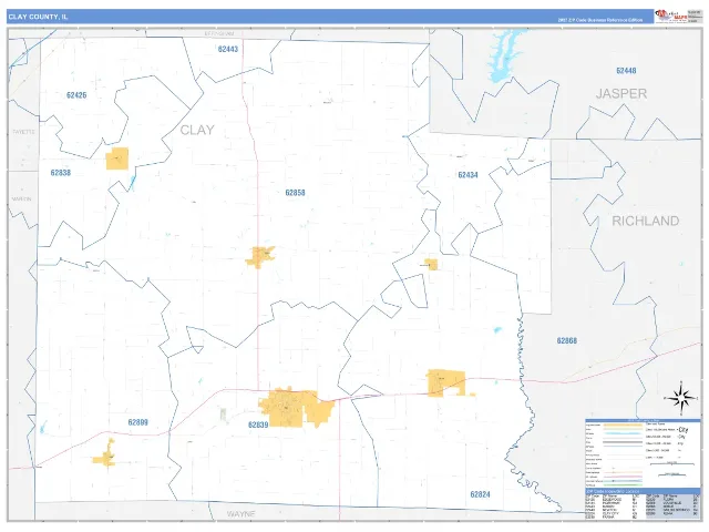 Clay County, IL ZIP Code Wall Map, Business Reference style