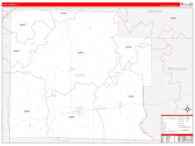 Clay County, IL ZIP Code Wall Map, RedLine style