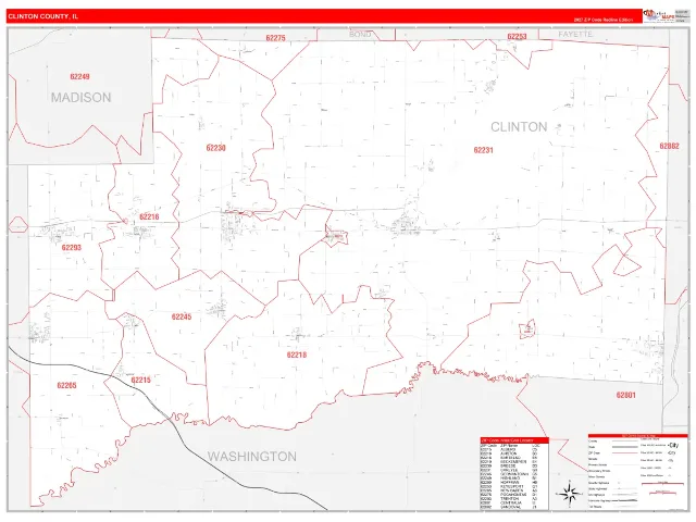 Clinton County, IL ZIP Code Wall Map, RedLine style