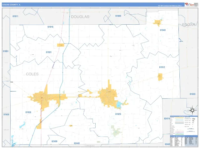 Coles County, IL ZIP Code Wall Map, Business Reference style