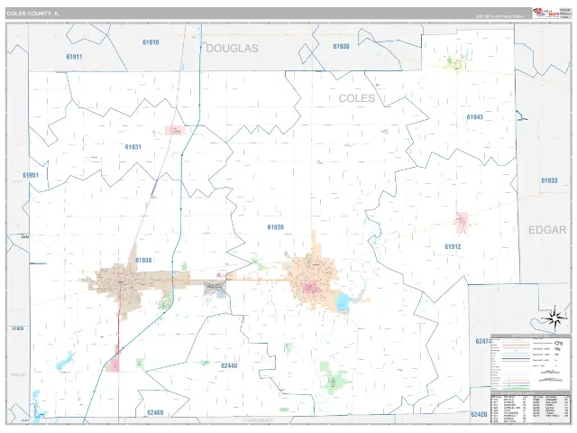 Coles County, IL ZIP Code Wall Map, Classic style
