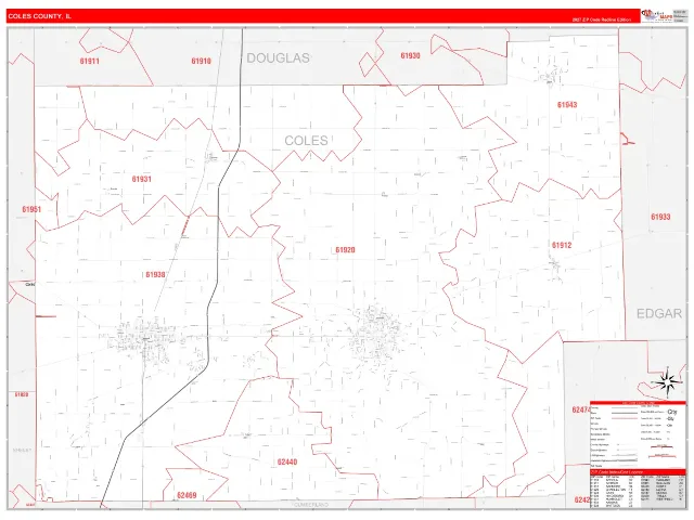 Coles County, IL ZIP Code Wall Map, RedLine style