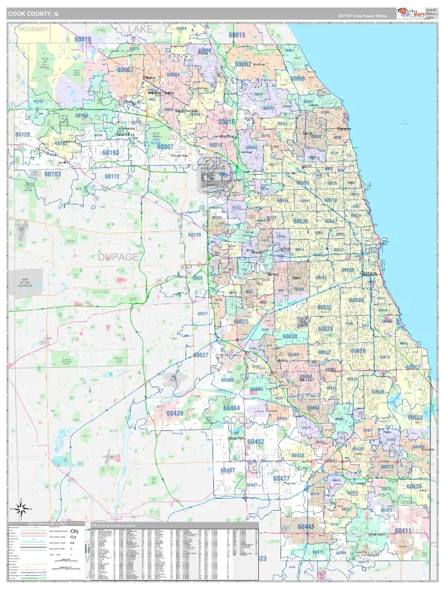 Cook County, IL ZIP Code Wall Map, Classic style