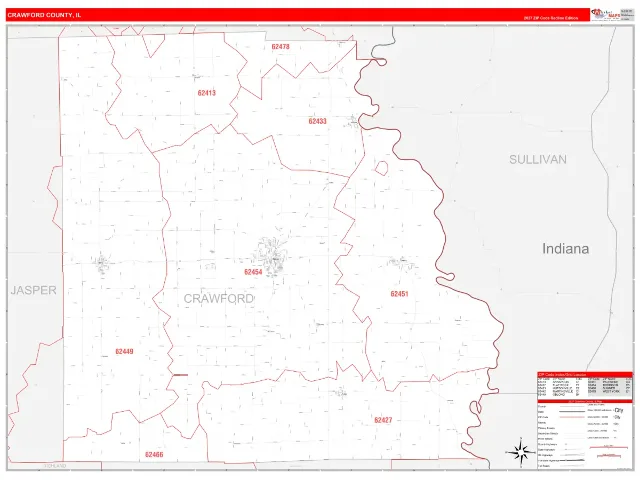 Crawford County, IL ZIP Code Wall Map, RedLine style