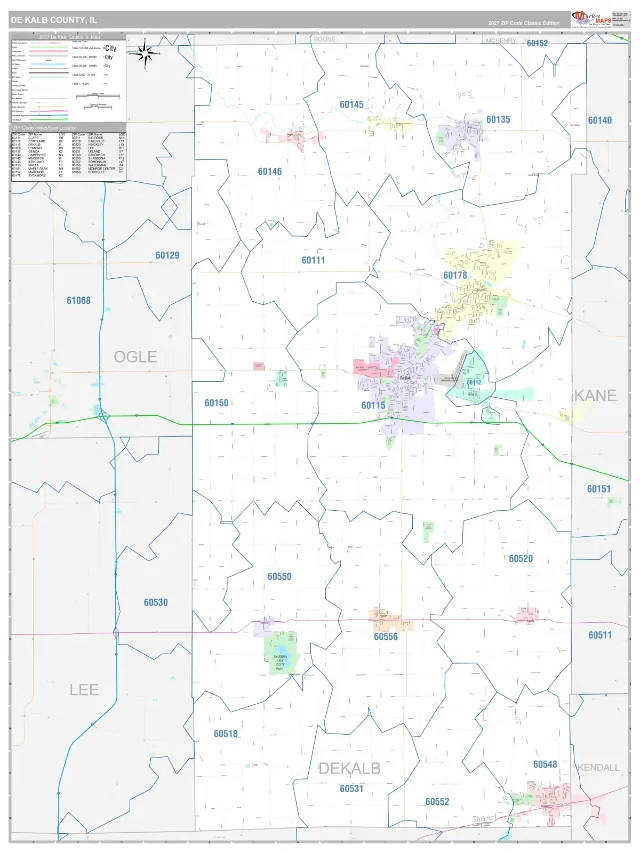 DeKalb County, IL ZIP Code Wall Map, Classic style