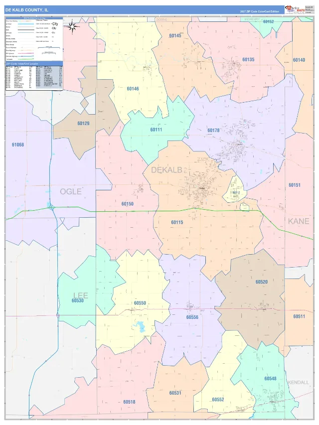 DeKalb County, IL ZIP Code Wall Map, ColorCast style