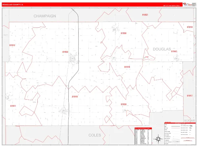 Douglas County, IL ZIP Code Wall Map, RedLine style