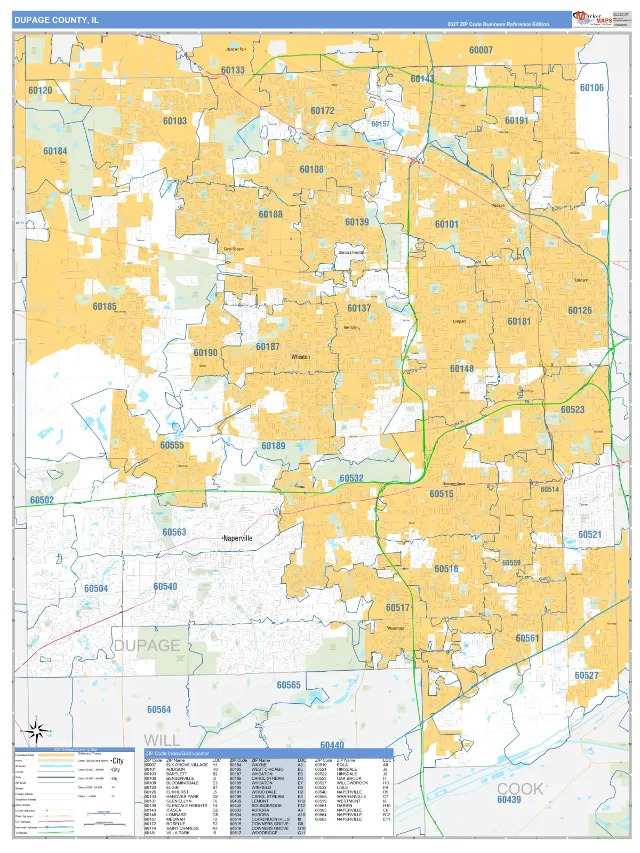 DuPage County, IL ZIP Code Wall Map, Business Reference style