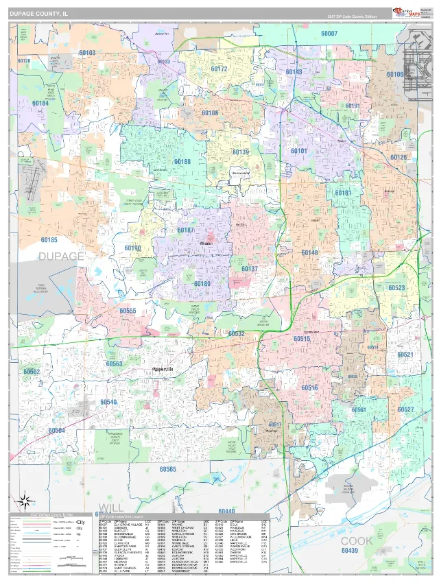 DuPage County, IL ZIP Code Wall Map, Classic style