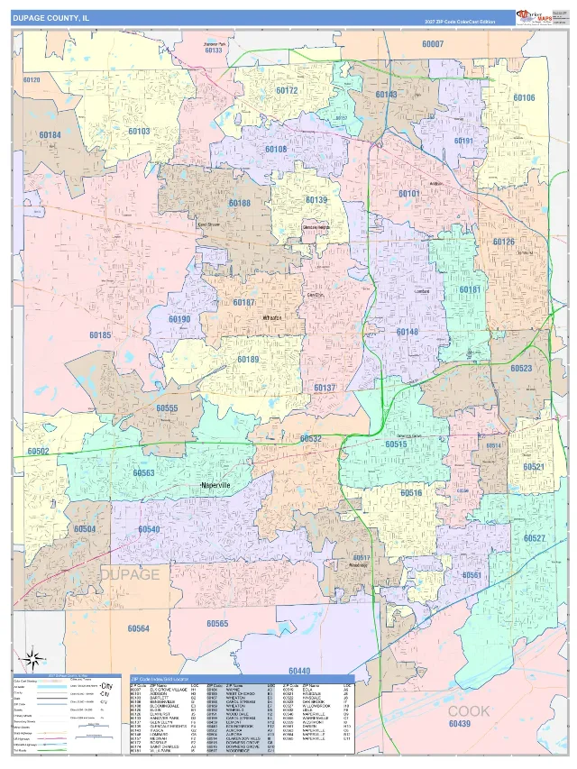 DuPage County, IL ZIP Code Wall Map, ColorCast style