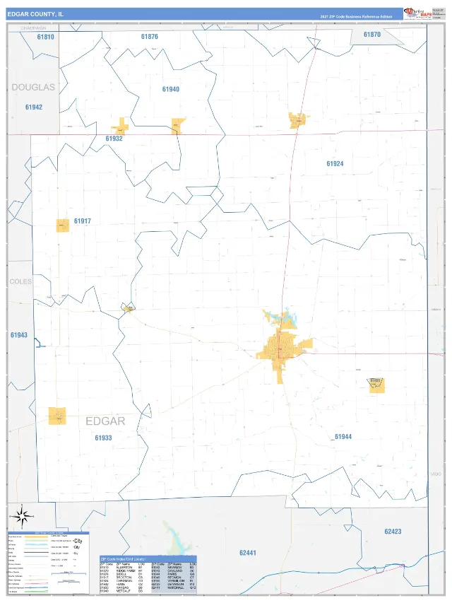 Edgar County, IL ZIP Code Wall Map, Business Reference style