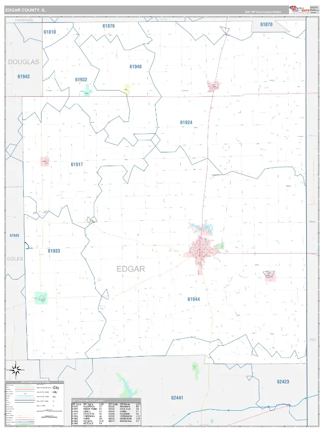 Edgar County, IL ZIP Code Wall Map, Classic style