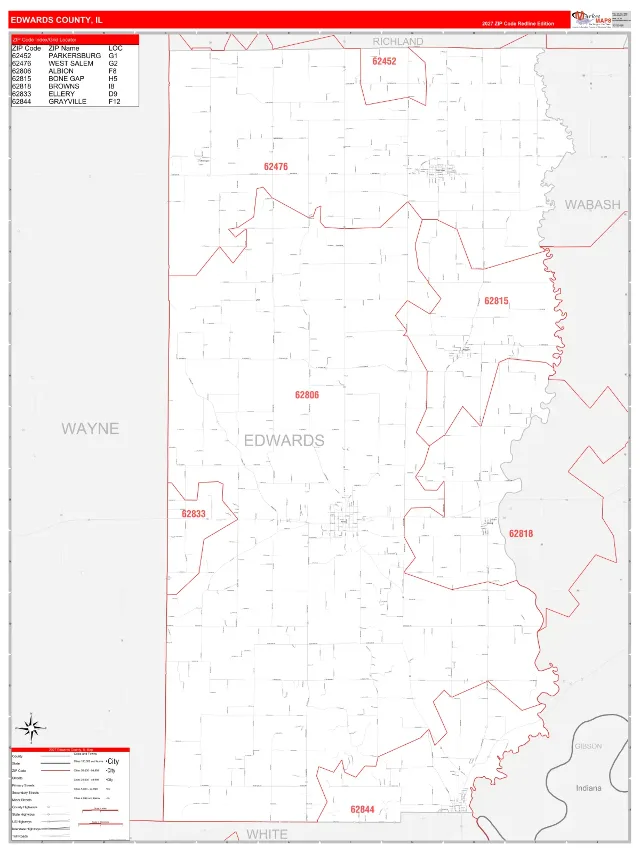 Edwards County, IL ZIP Code Wall Map, RedLine style