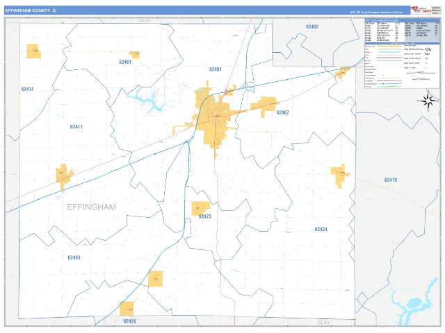 Effingham County, IL ZIP Code Wall Map, Business Reference style
