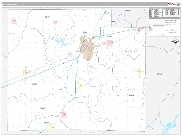 Effingham County, IL ZIP Code Wall Map, Classic style