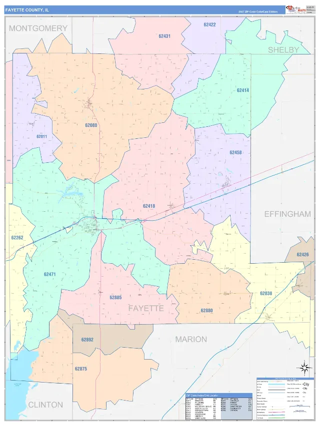 Fayette County, IL ZIP Code Wall Map, ColorCast style