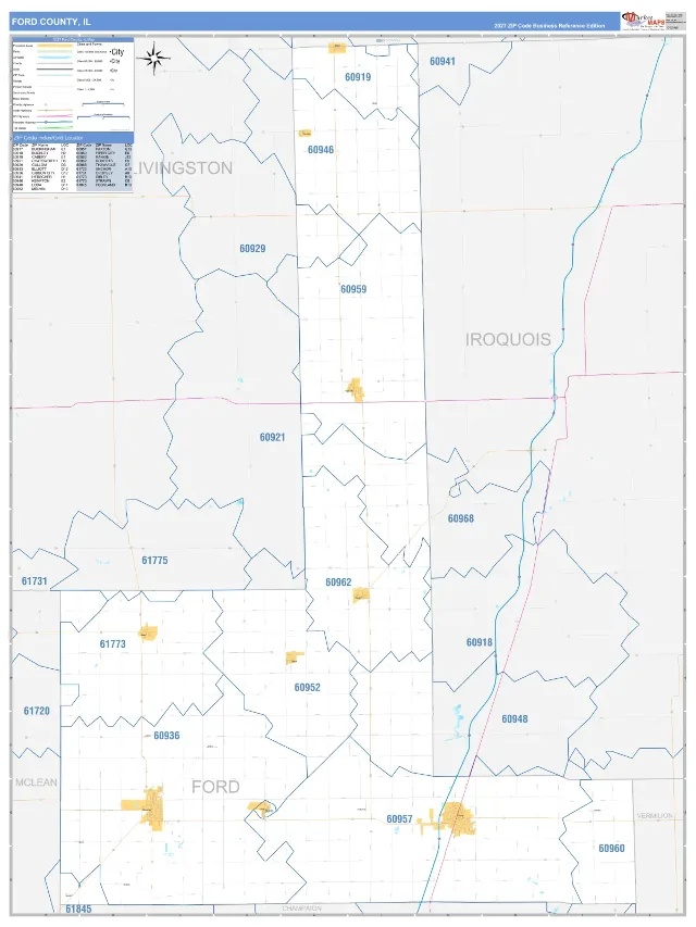 Ford County, IL ZIP Code Wall Map, Business Reference style