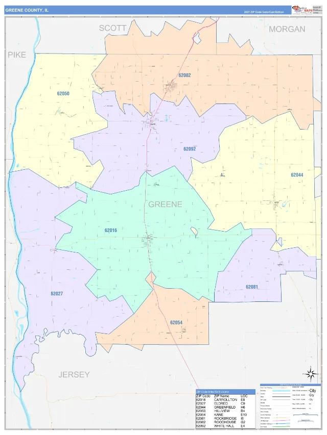 Greene County, IL ZIP Code Wall Map, ColorCast style