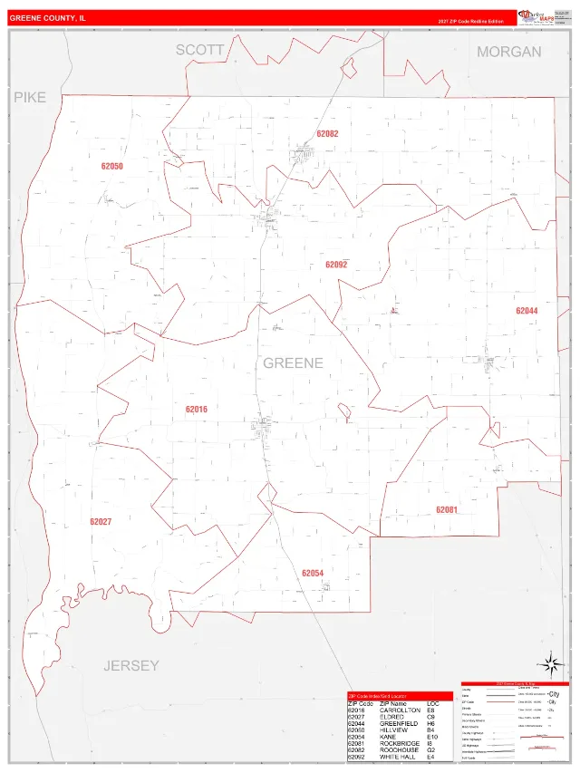 Greene County, IL ZIP Code Wall Map, RedLine style