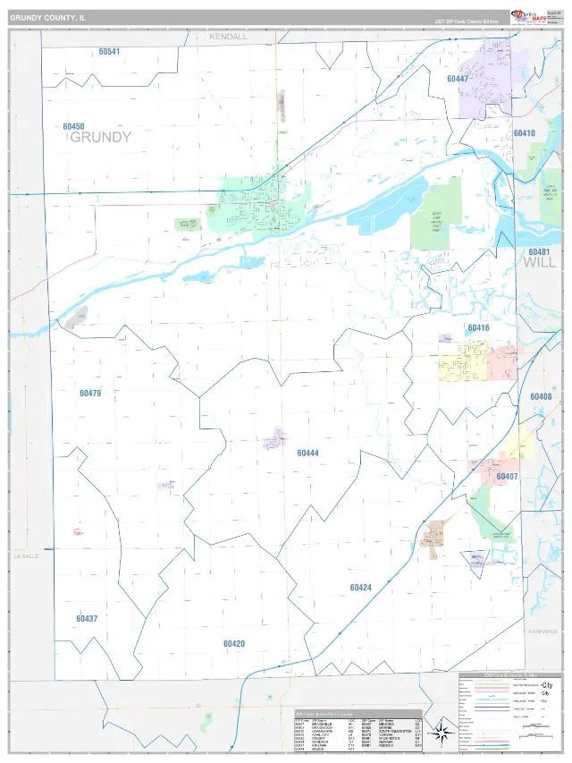 Grundy County, IL ZIP Code Wall Map, Classic style