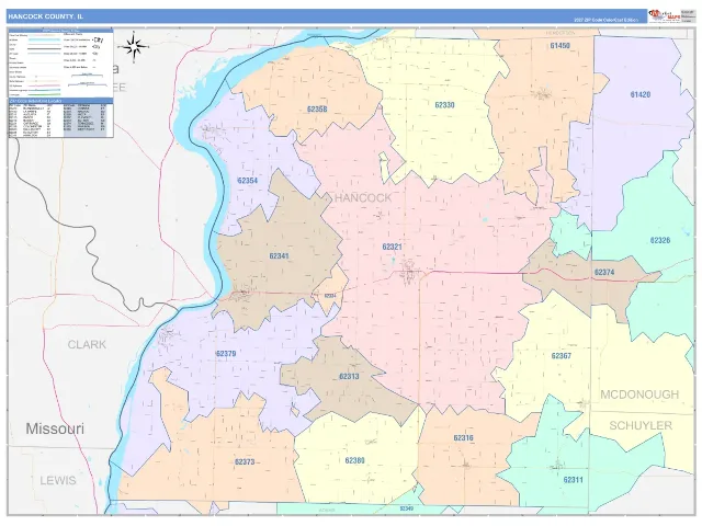 Hancock County, IL ZIP Code Wall Map, ColorCast style