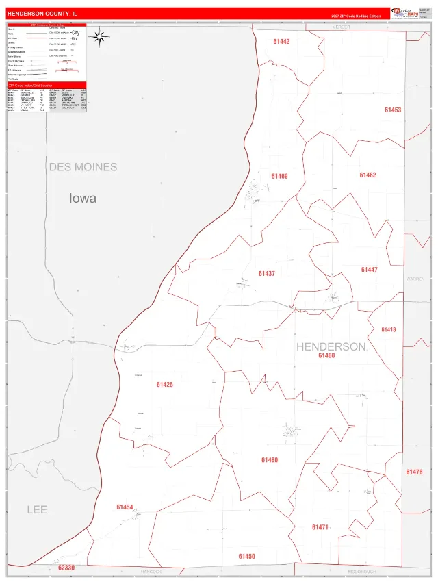 Henderson County, IL ZIP Code Wall Map, RedLine style
