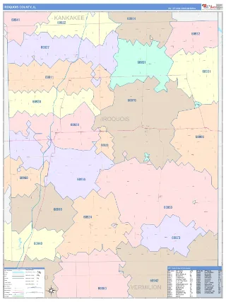 Iroquois County, IL ColorCast style ZIP Code wall map