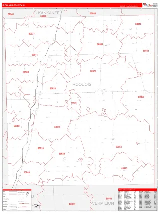 Iroquois County, IL RedLine style ZIP Code wall map