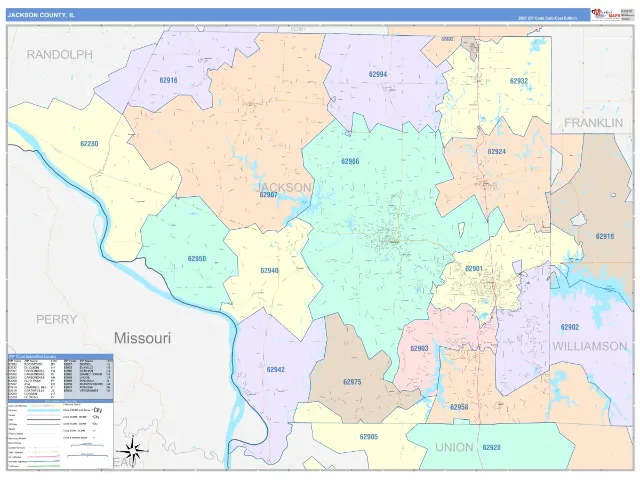 Jackson County, IL ZIP Code Wall Map, ColorCast style