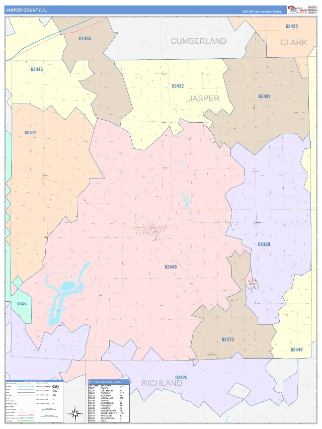 Jasper County, IL ZIP Code Wall Map, ColorCast style