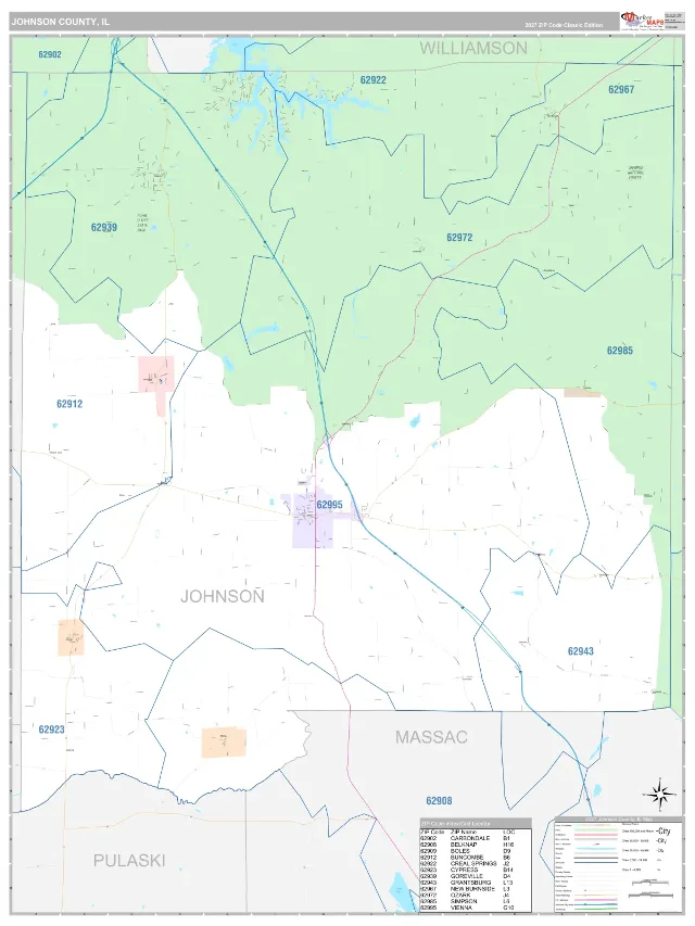 Johnson County, IL ZIP Code Wall Map, Classic style