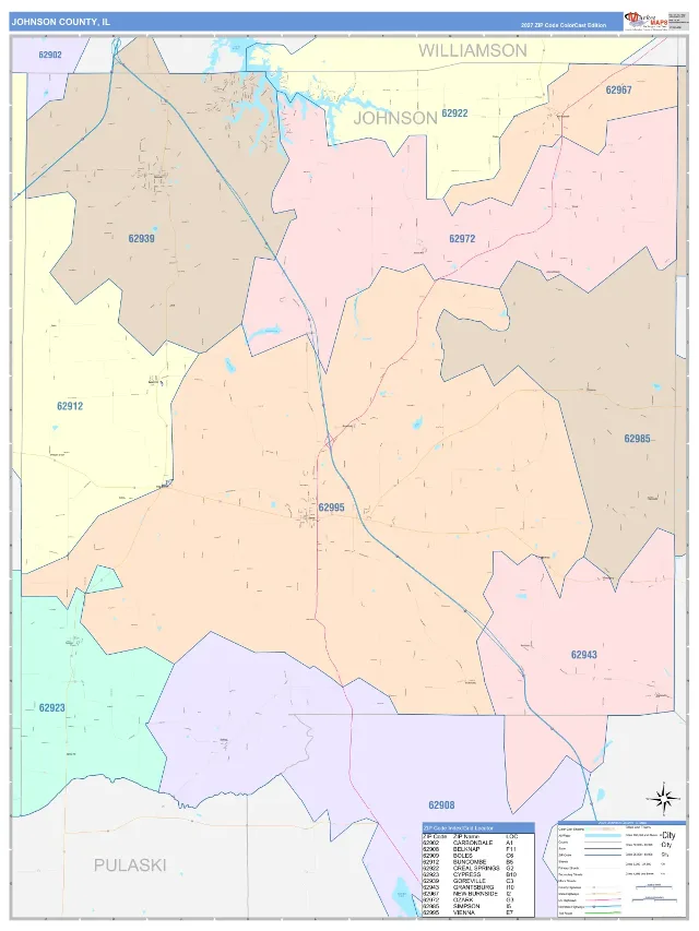 Johnson County, IL ZIP Code Wall Map, ColorCast style