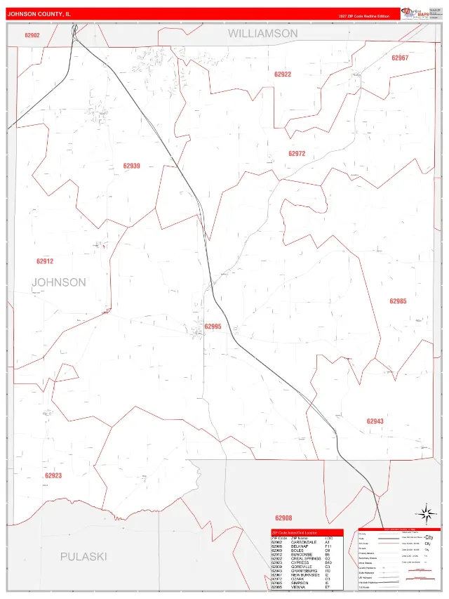 Johnson County, IL ZIP Code Wall Map, RedLine style