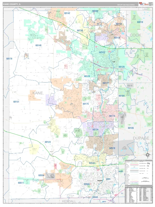 Kane County, IL ZIP Code Wall Map, Classic style