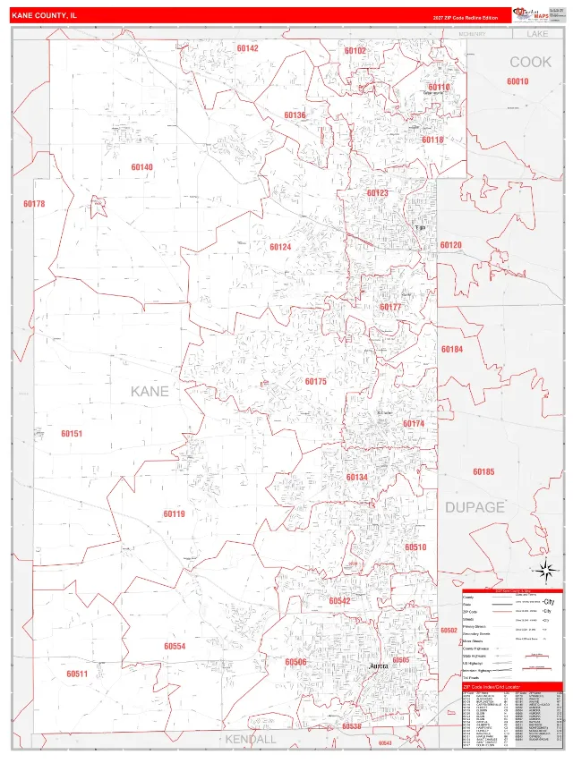 Kane County, IL ZIP Code Wall Map, RedLine style