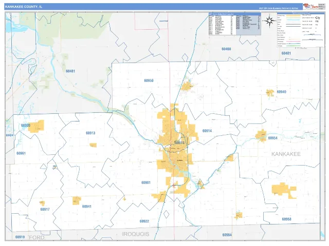 Kankakee County, IL ZIP Code Wall Map, Business Reference style