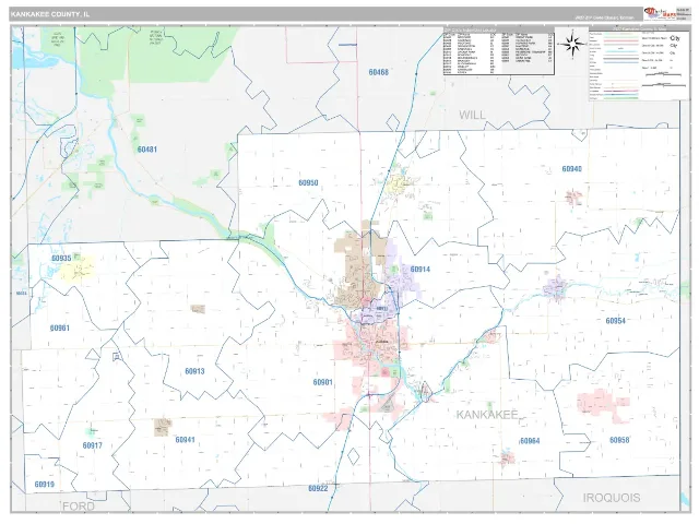 Kankakee County, IL ZIP Code Wall Map, Classic style