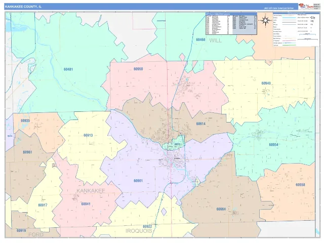 Kankakee County, IL ZIP Code Wall Map, ColorCast style