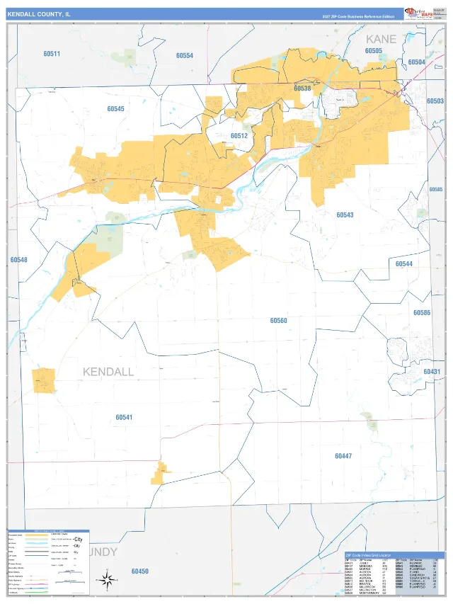 Kendall County, IL ZIP Code Wall Map, Business Reference style