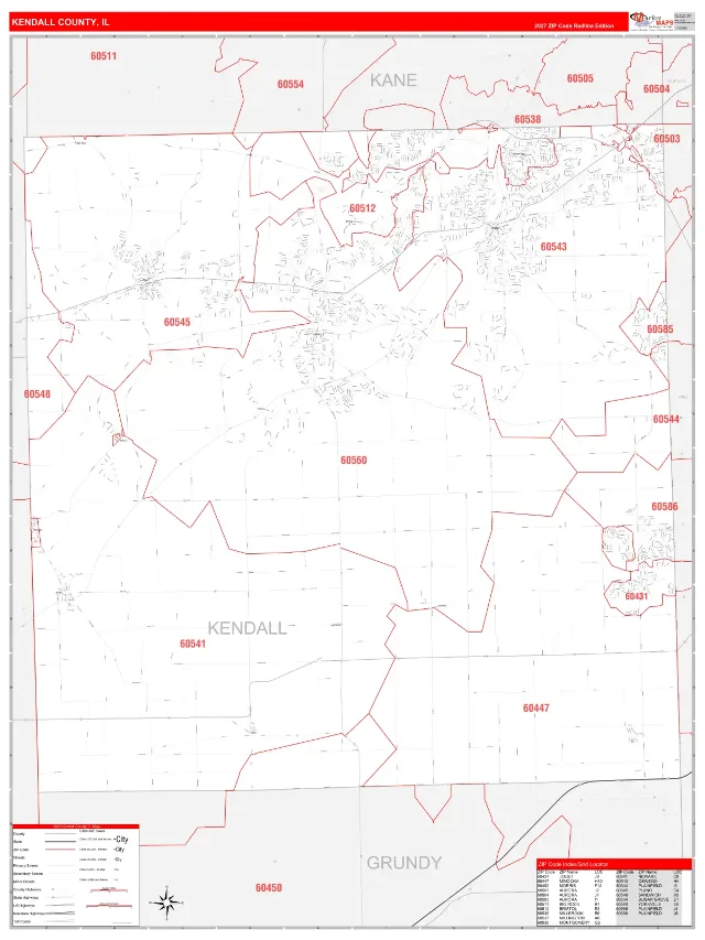 Kendall County, IL ZIP Code Wall Map, RedLine style