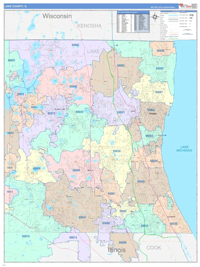 Lake County, IL ZIP Code Wall Map, ColorCast style