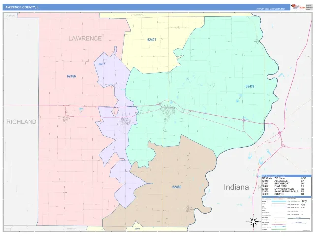 Lawrence County, IL ZIP Code Wall Map, ColorCast style