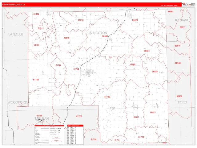 Livingston County, IL ZIP Code Wall Map, RedLine style