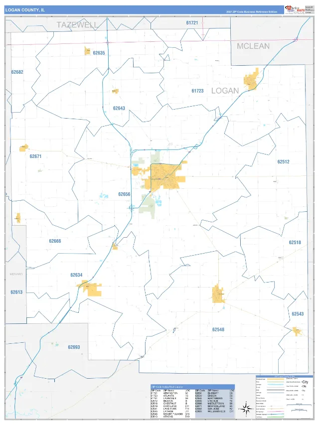 Logan County, IL ZIP Code Wall Map, Business Reference style