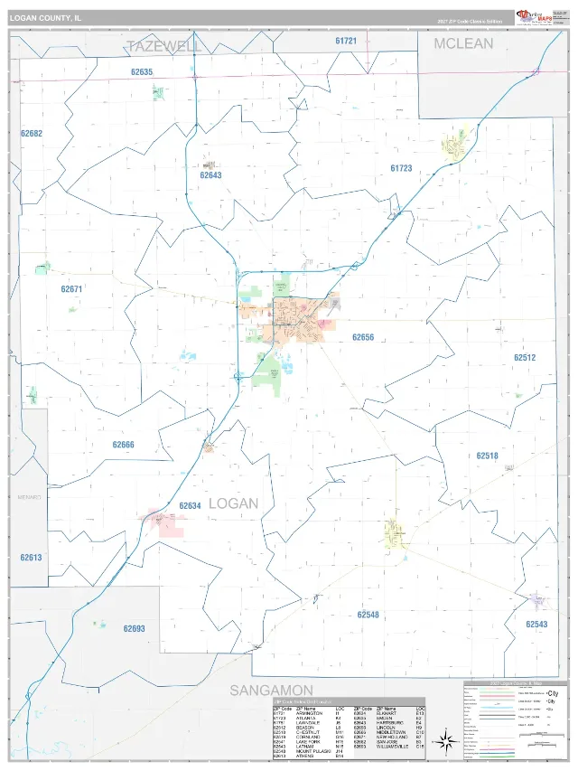 Logan County, IL ZIP Code Wall Map, Classic style