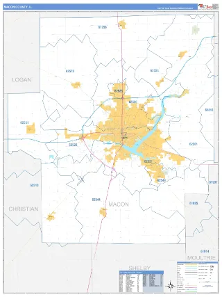 Macon County, IL Business Reference style ZIP Code wall map